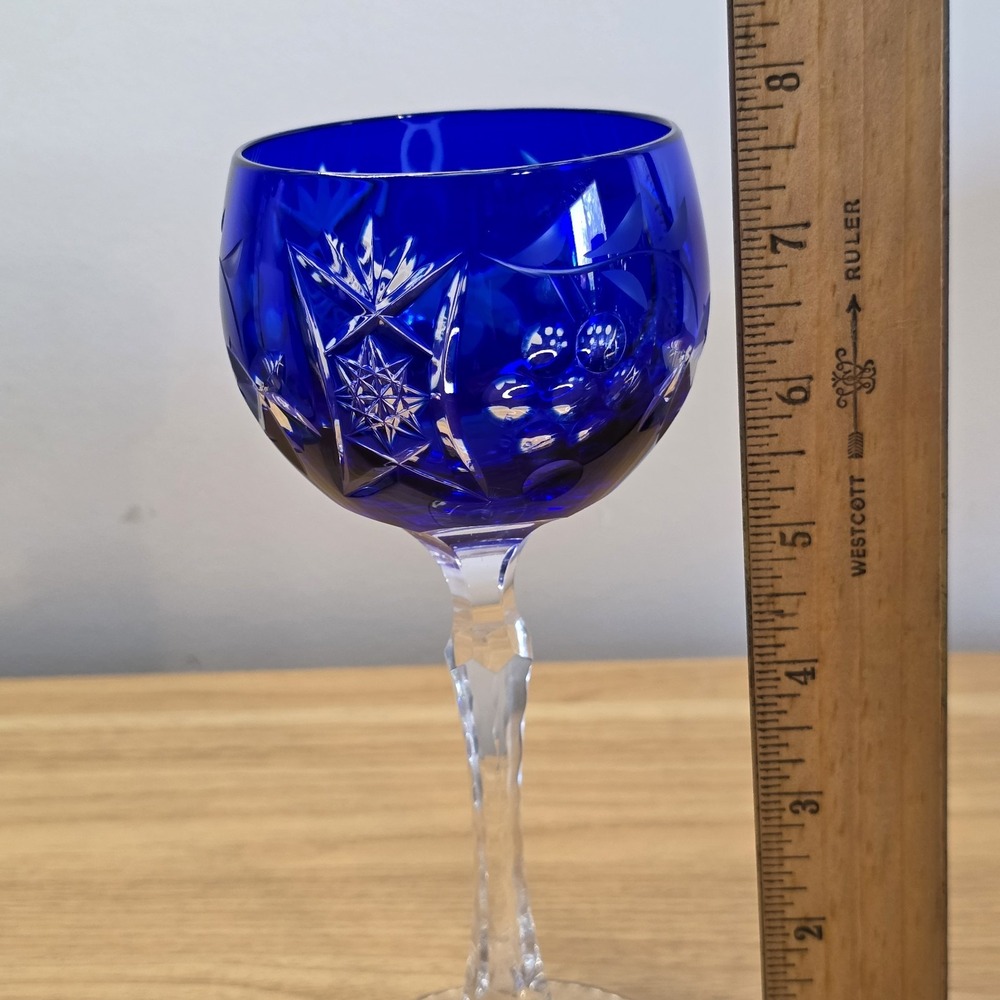 Beyer Crystal Hock Wine Glass Blue Vintage Good Cut to Clear Bleikristal Germany - Picture 9 of 10